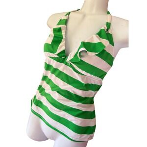 Y2K 2000s style Ralph Lauren Green White Striped Ruffle Halter Tankini Swim Top